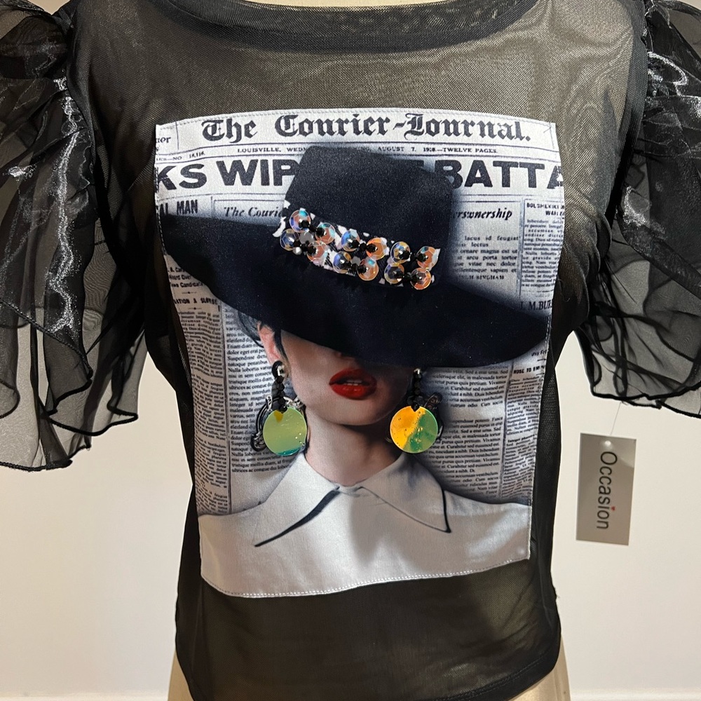 Black mesh T-shirt with graphic fashion picture size L - Picture 4 of 5